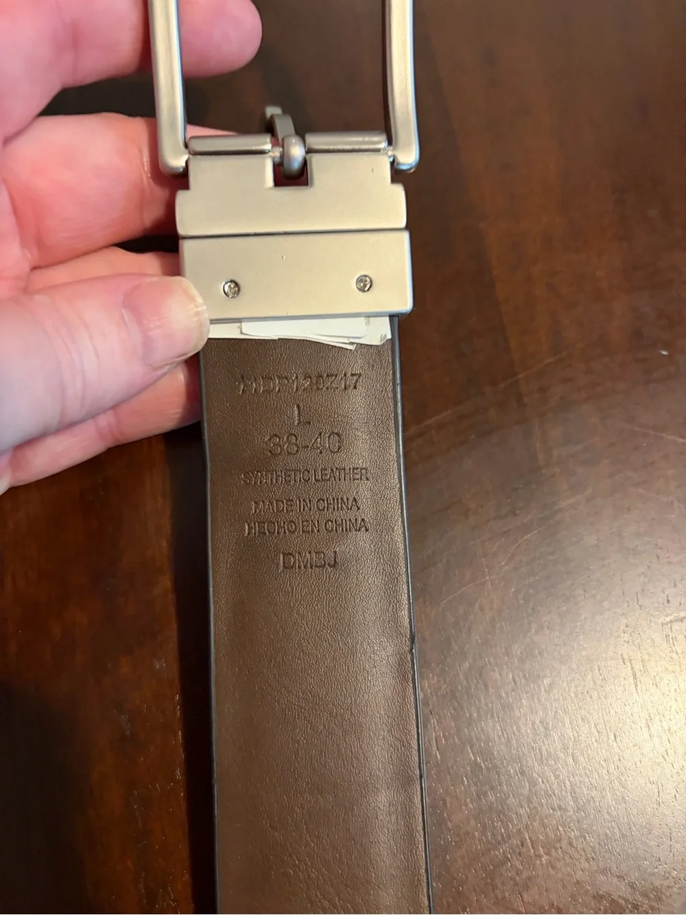 Men's Gray Leather Belt with Branded Metal Buckle